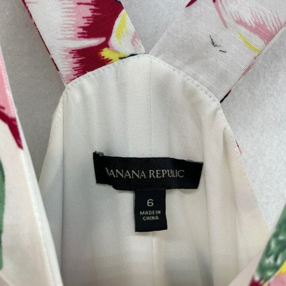 Banana Republic Dress Womens Sz 6 White Pink Floral V -Neck A-Line Linen Blend - Picture 9 of 11